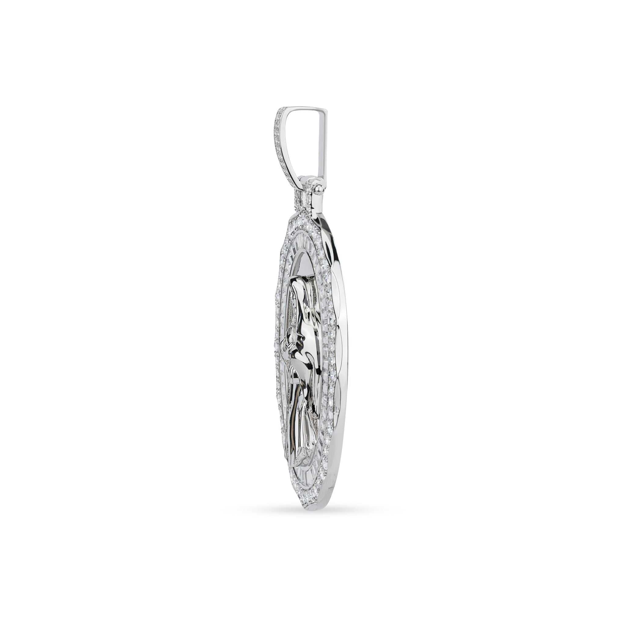 Virgin Mary Pendant in 925 Sterling Silver with CZ stones, rhodium plated, side view.