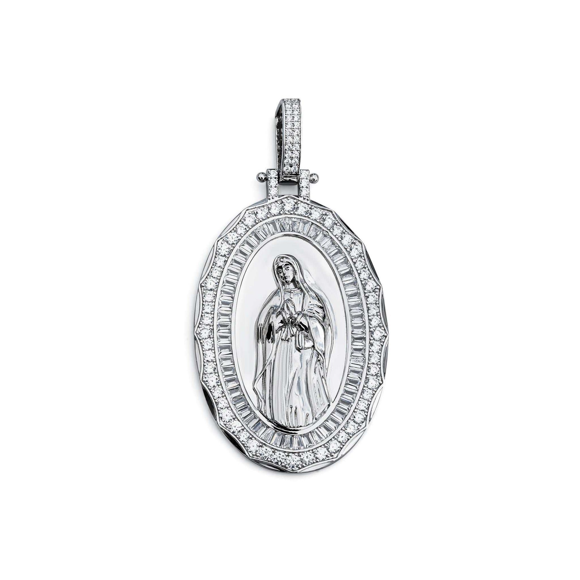 Sterling silver Virgin Mary pendant with clear CZ stones, oval design, religious jewelry.