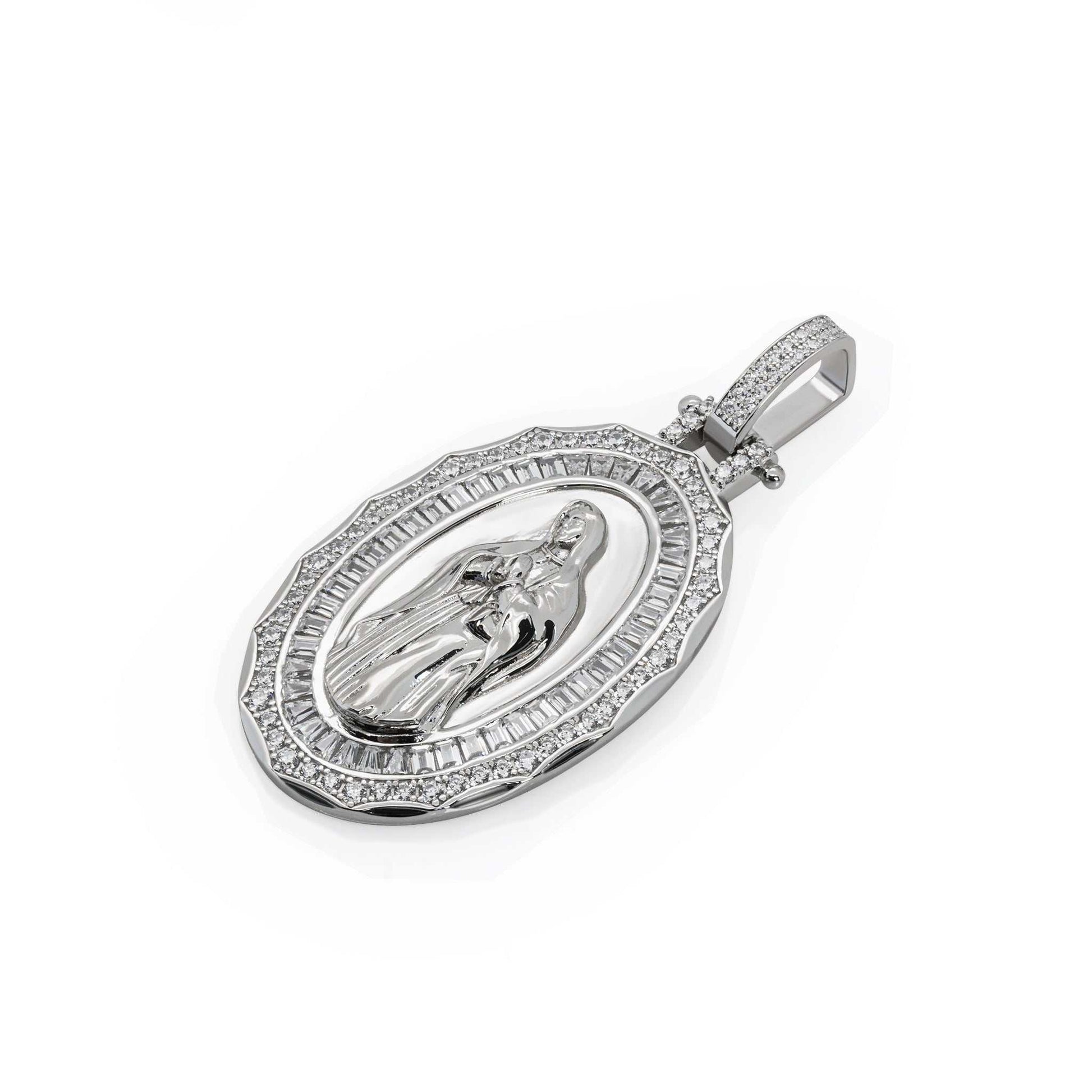 Solid 925 sterling silver Virgin Mary pendant with clear CZ stones, oval amulet design.