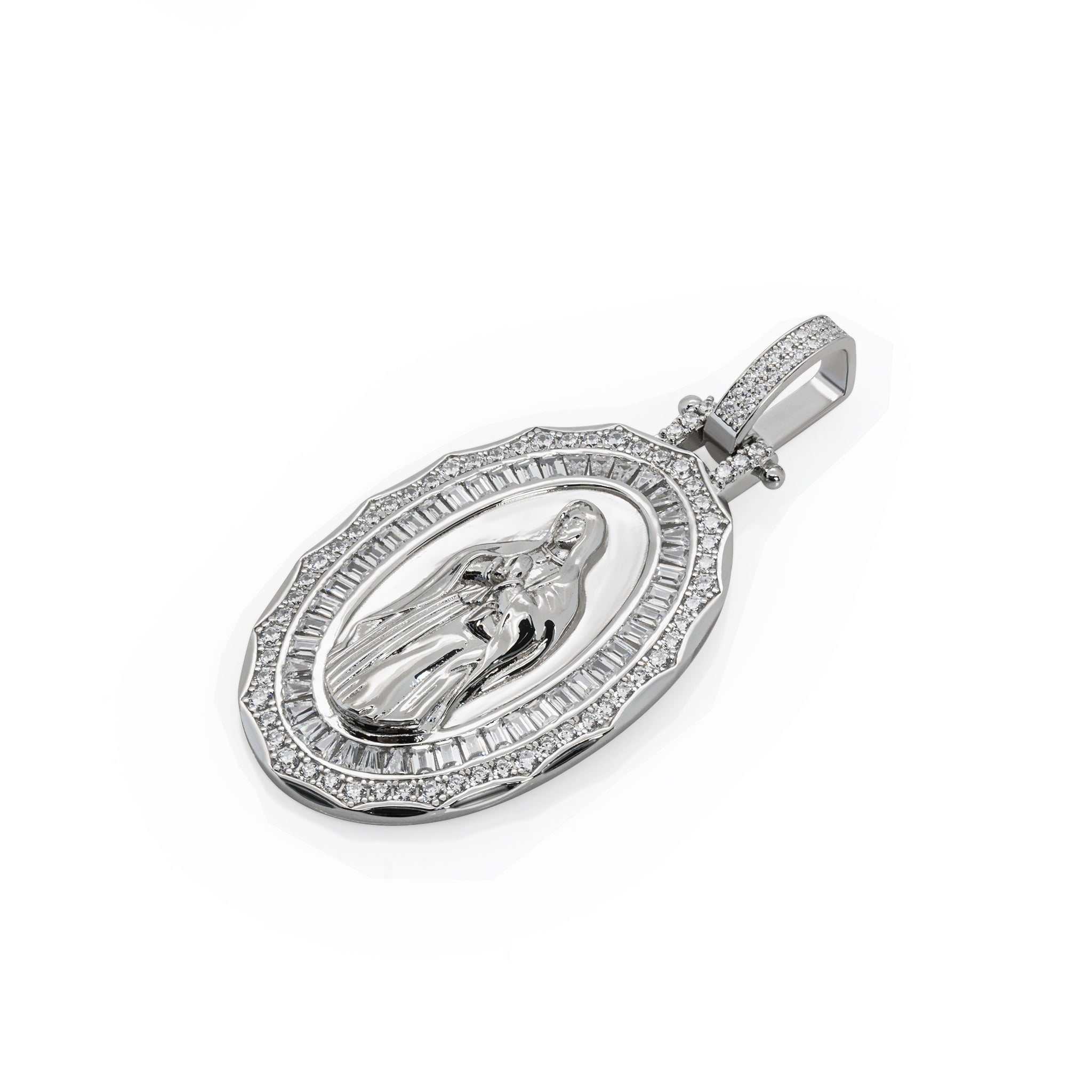 Solid 925 sterling silver Virgin Mary pendant with clear CZ stones, oval amulet design.