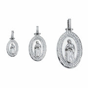 Solid 925 sterling silver Virgin Mary pendant with clear CZ stones, available in three sizes, rhodium plated oval amulet.