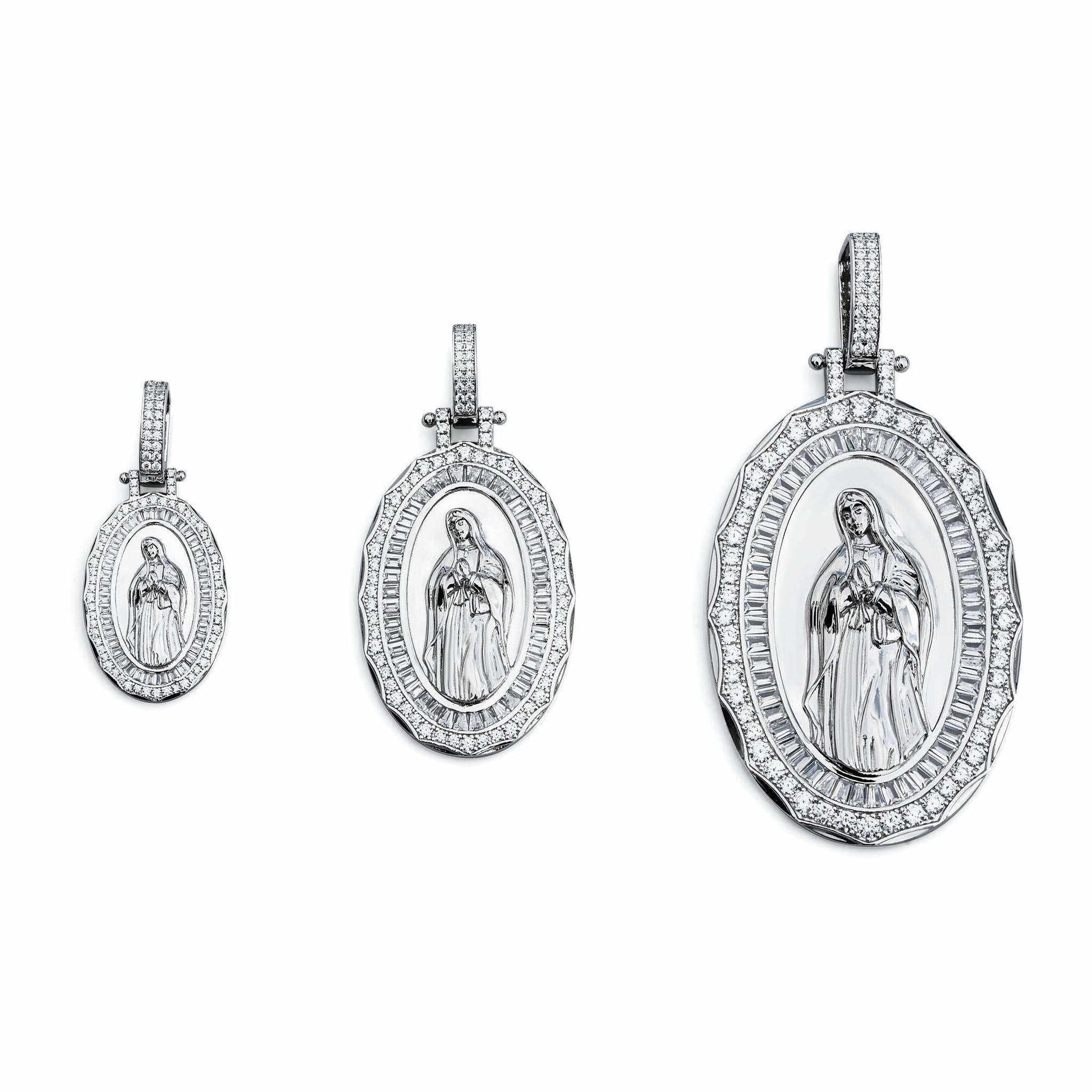 Solid 925 sterling silver Virgin Mary pendant with clear CZ stones, available in three sizes, rhodium plated oval amulet.