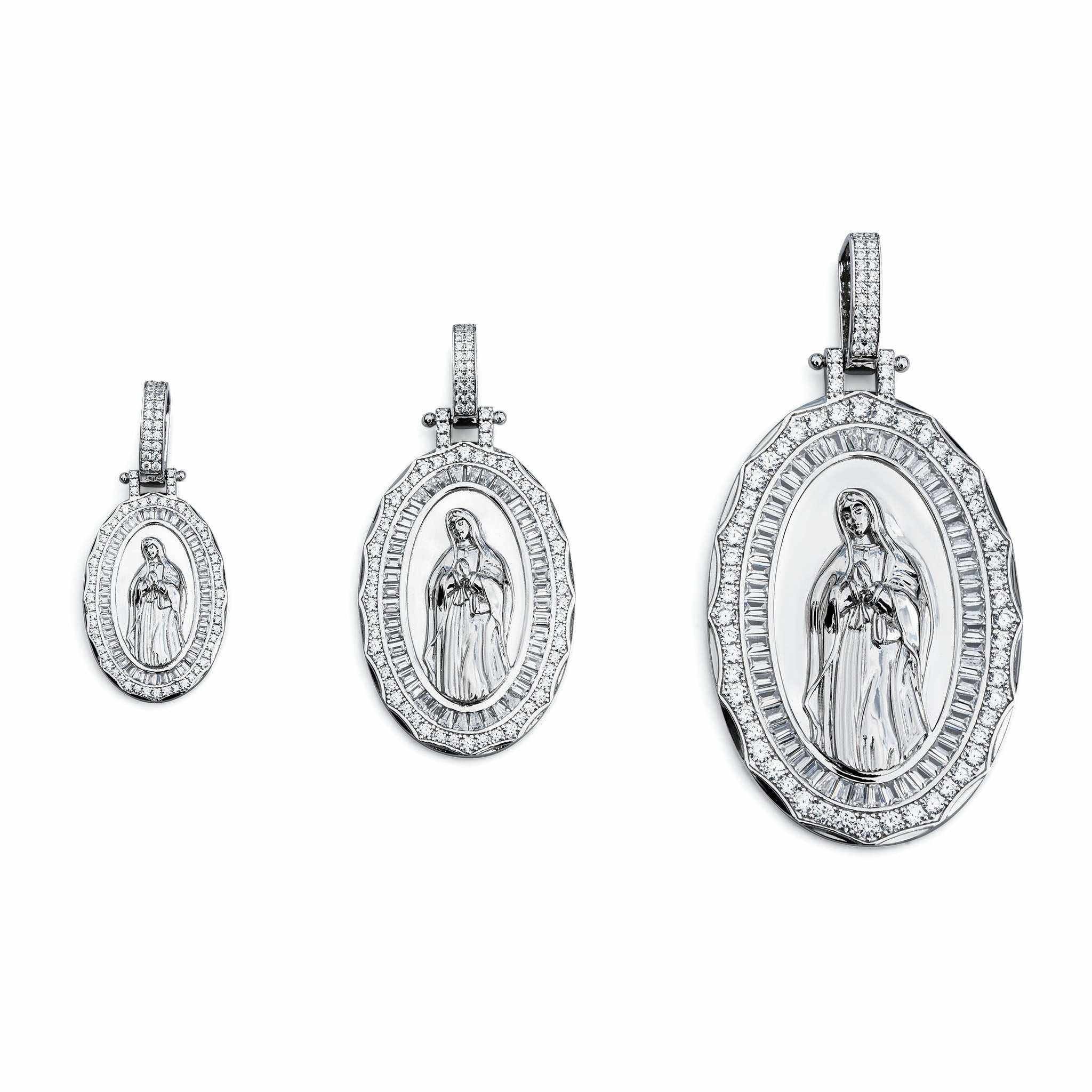 Solid 925 sterling silver Virgin Mary pendant with clear CZ stones, available in three sizes, rhodium plated oval amulet.