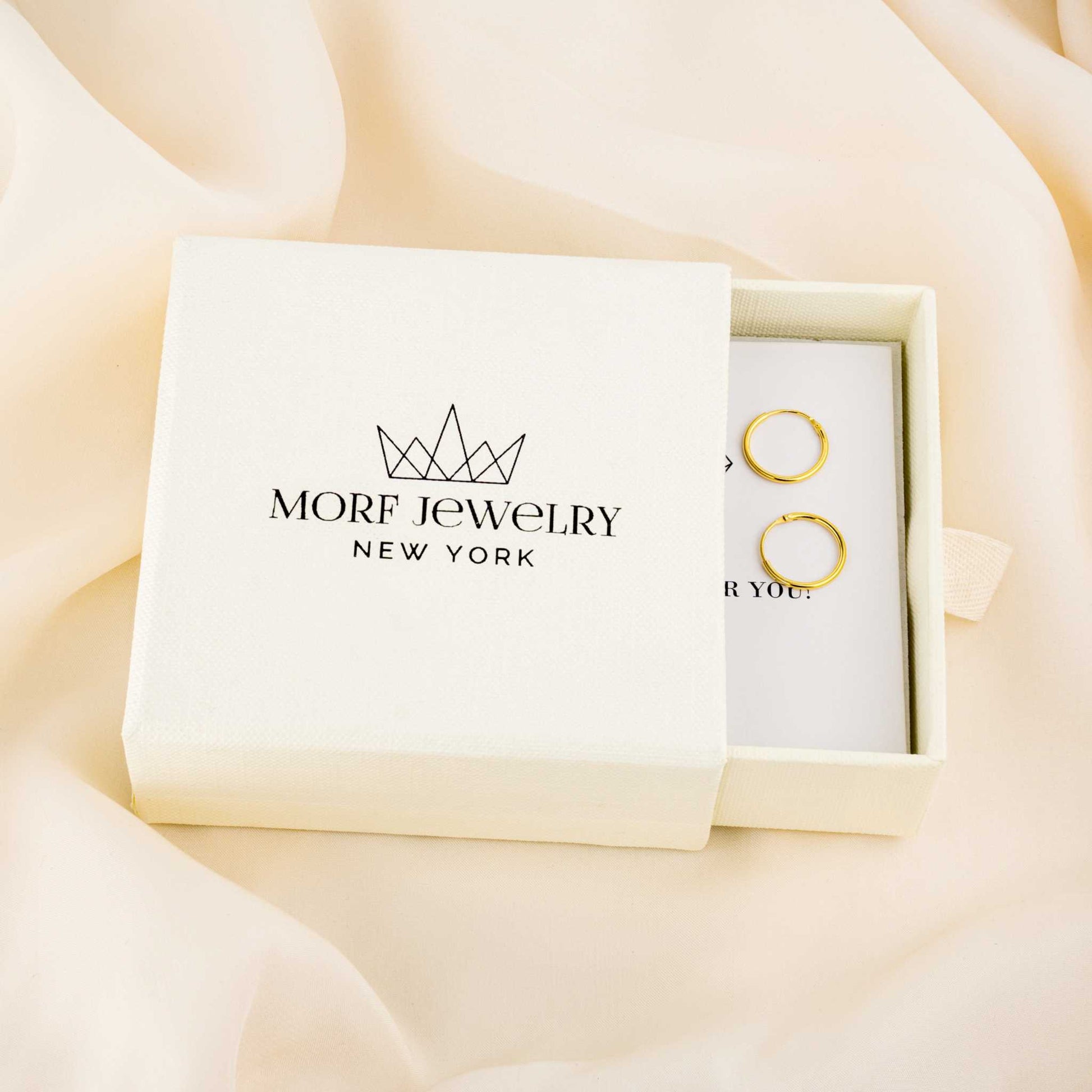 Vivid Hoop Earrings in solid 925 sterling silver with 18K gold finish, shown in brand box.