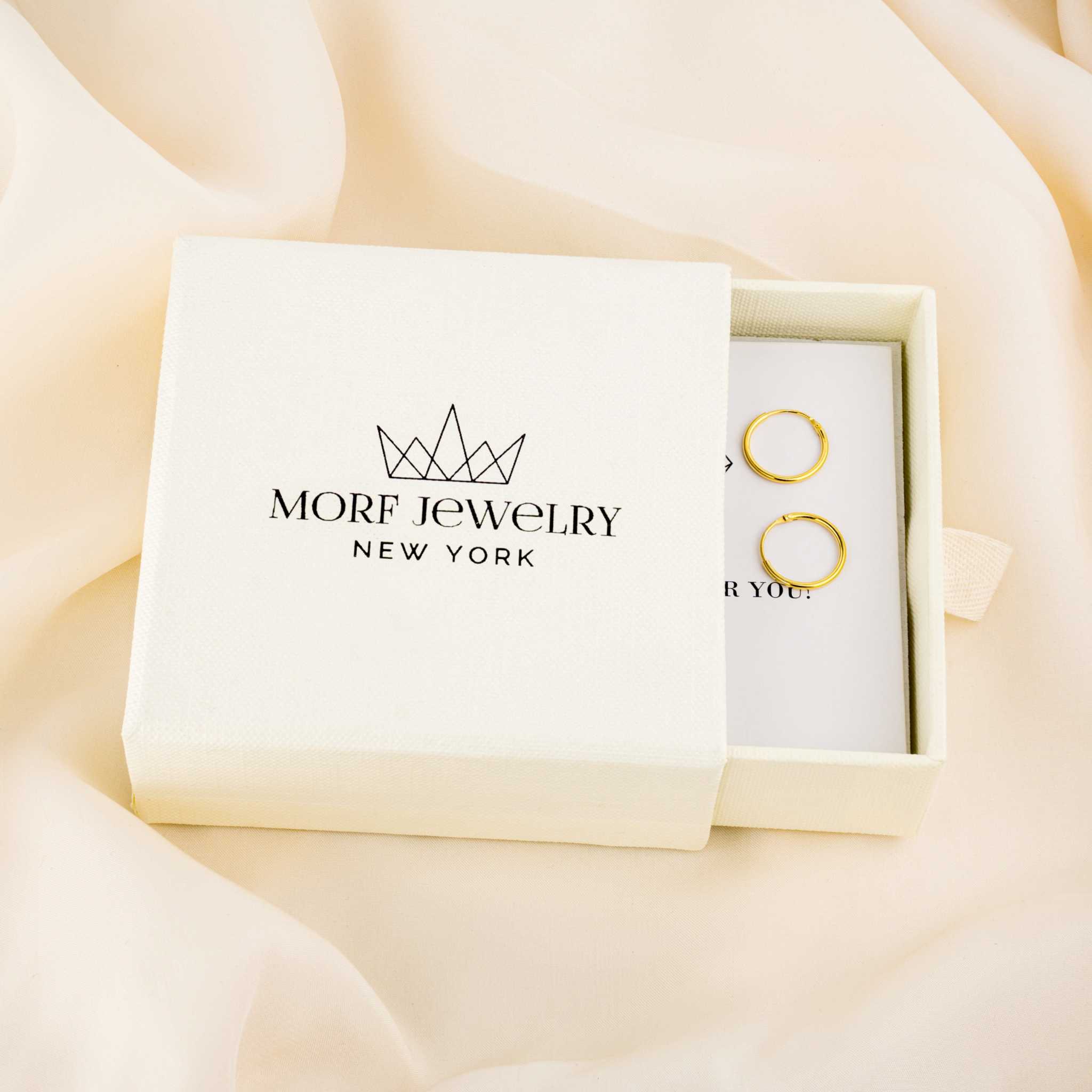 Vivid Hoop Earrings in solid 925 sterling silver with 18K gold finish, shown in brand box.