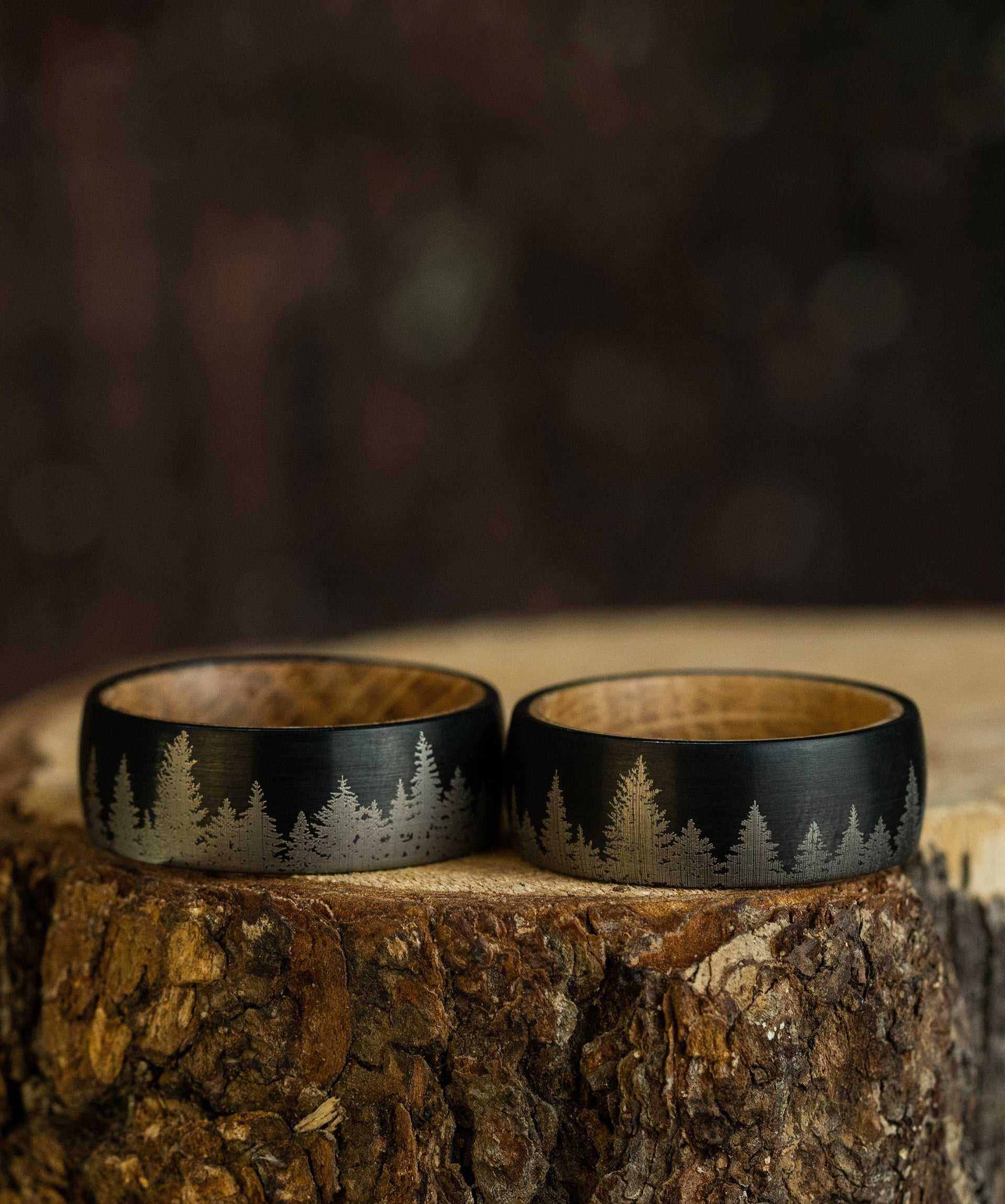 Pine Tree Forest Ring with whiskey barrel oak wood and tungsten band.