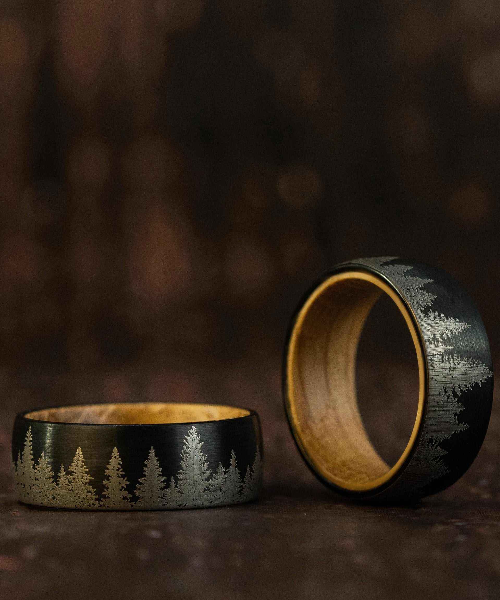 Pine Tree Forest Ring with whiskey barrel oak wood, etched forest design, tungsten band.