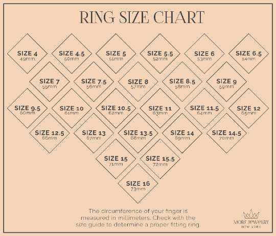 Ring size chart with measurements in millimeters for selecting the proper fitting ring.