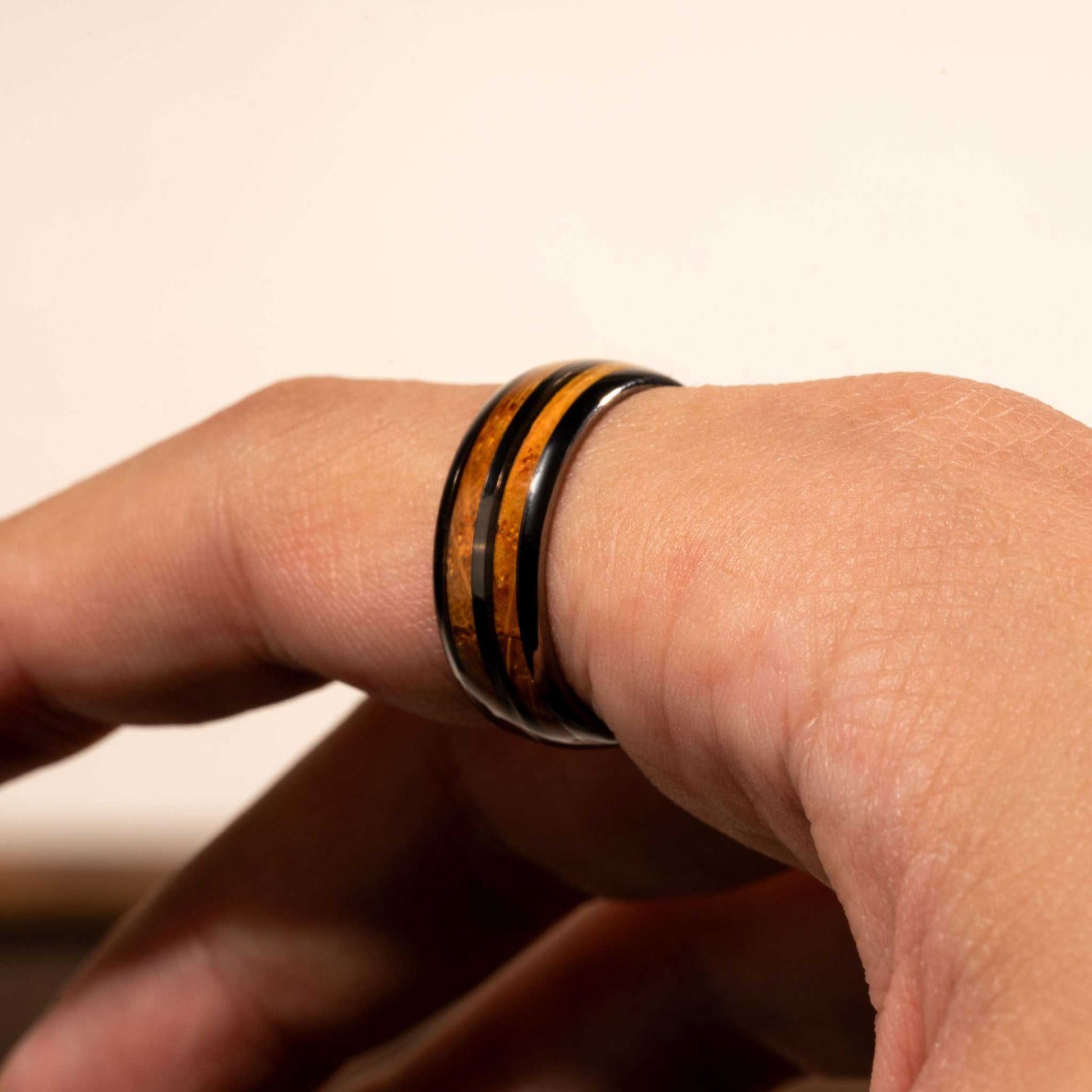 Whiskey Barrel Ring with wood inlay and black tungsten, 8MM men's wedding band.