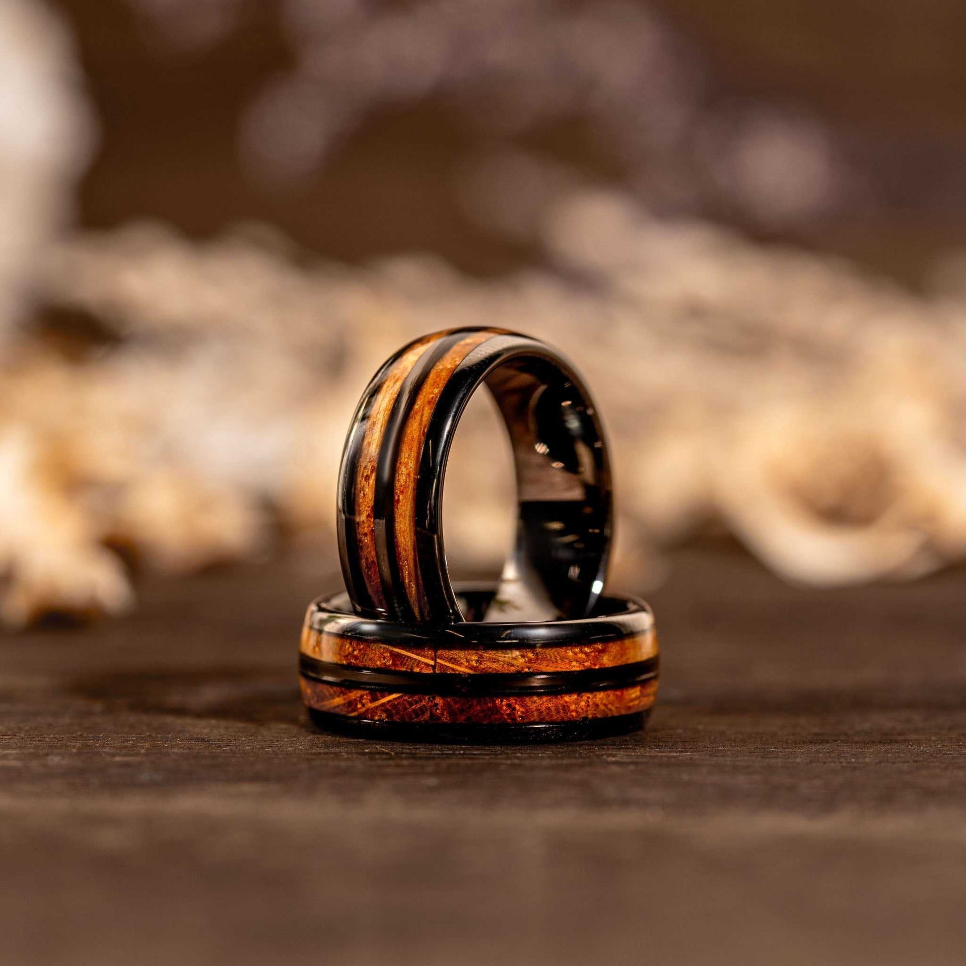 Whiskey Barrel Ring men's wedding band with black tungsten and wood inlay for a rugged, elegant look.
