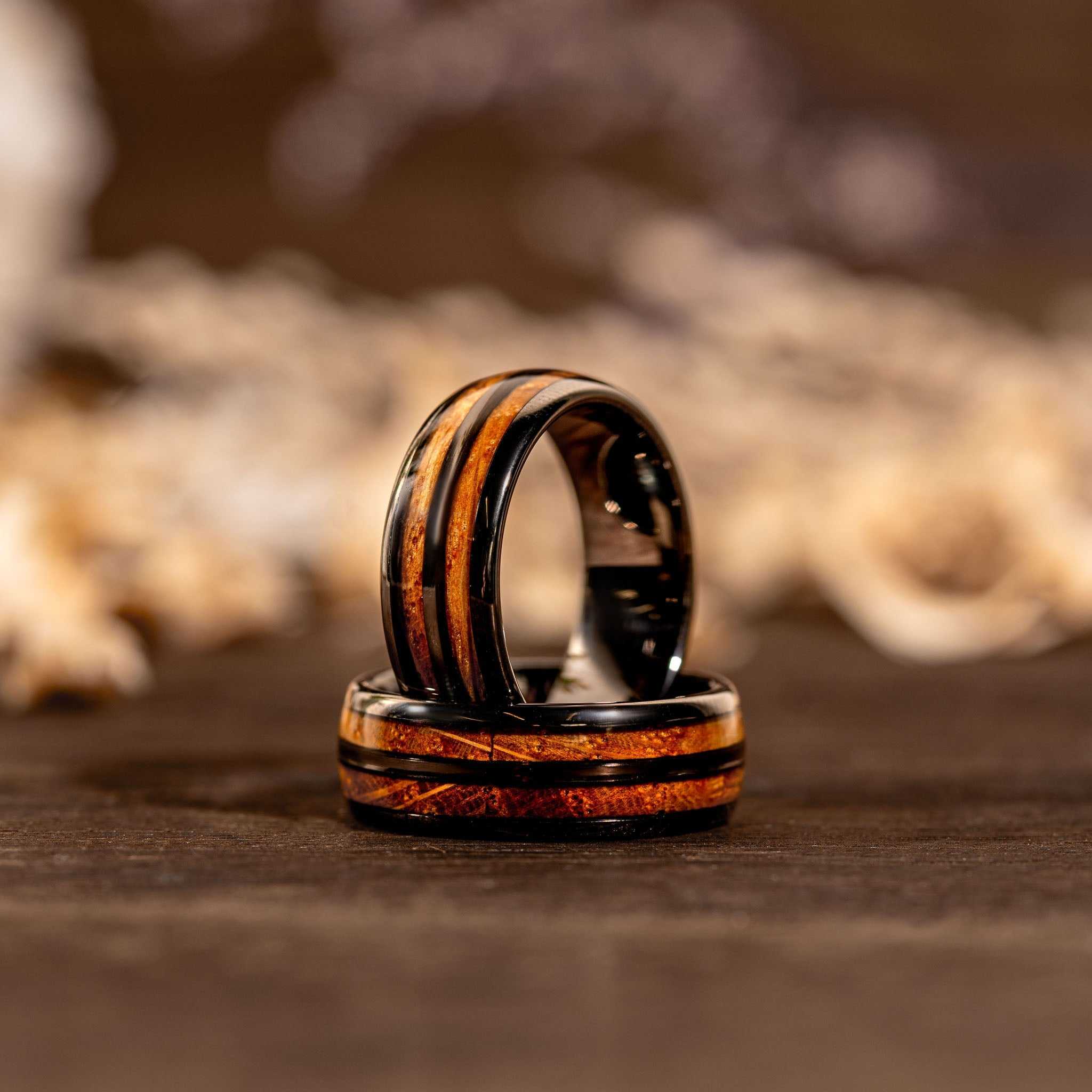 Whiskey Barrel Ring men's wedding band with black tungsten and wood inlay for a rugged, elegant look.